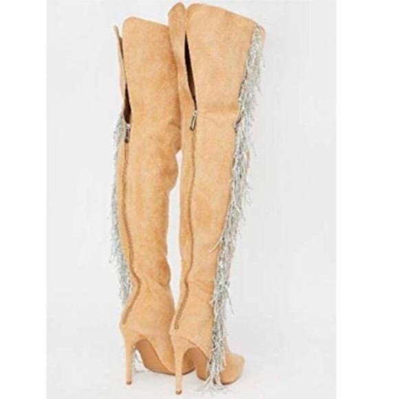 Pointy Toe OTK Boots w/ Rhinestone Fringe in Tan - Picture 2 of 6